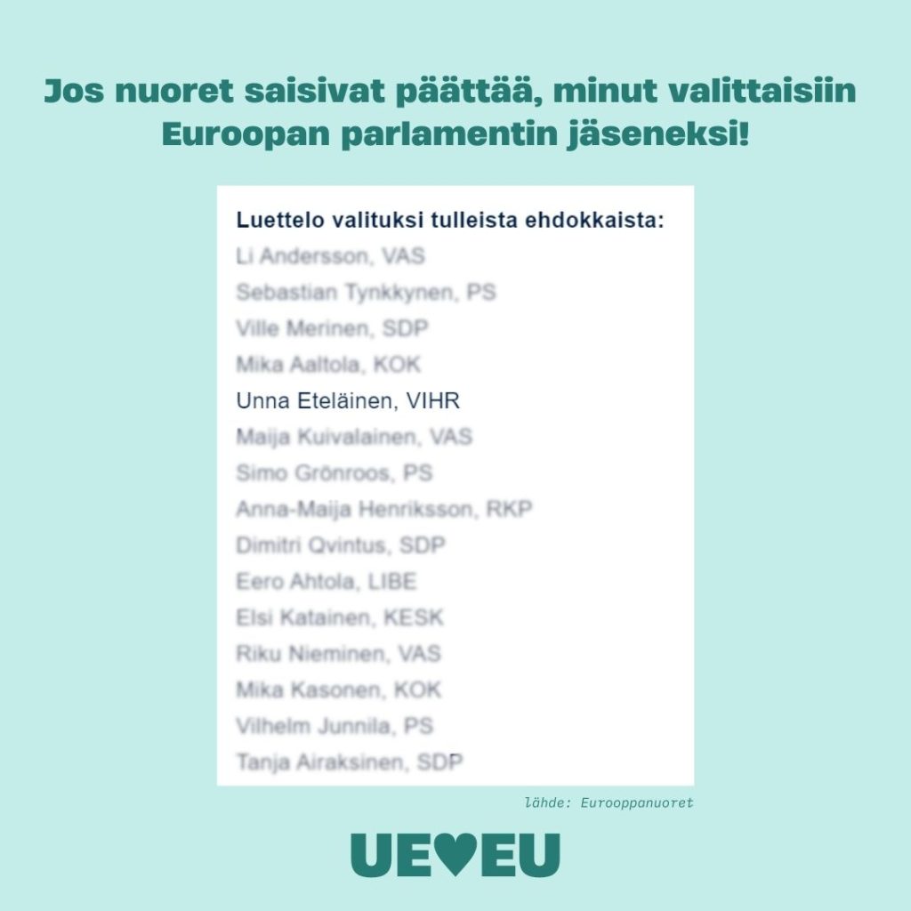 "Jos nuoret saisivat päättää, minut valittaisiin Euroopan parlamentin jäseneksi!" 
Luettelo valituksi tulleista ehdokkaista.